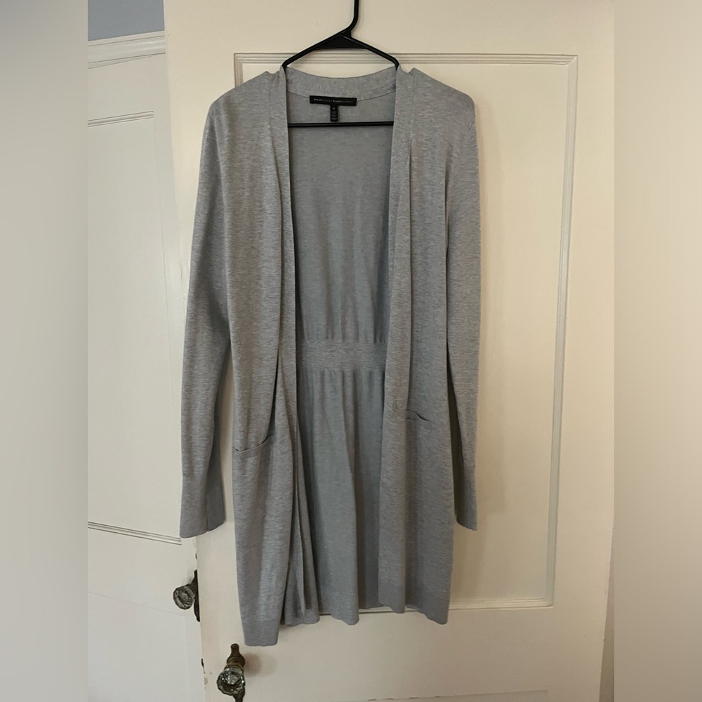 Gray/silver, Medium, White House Black Mkt medium length open sweater w pockets